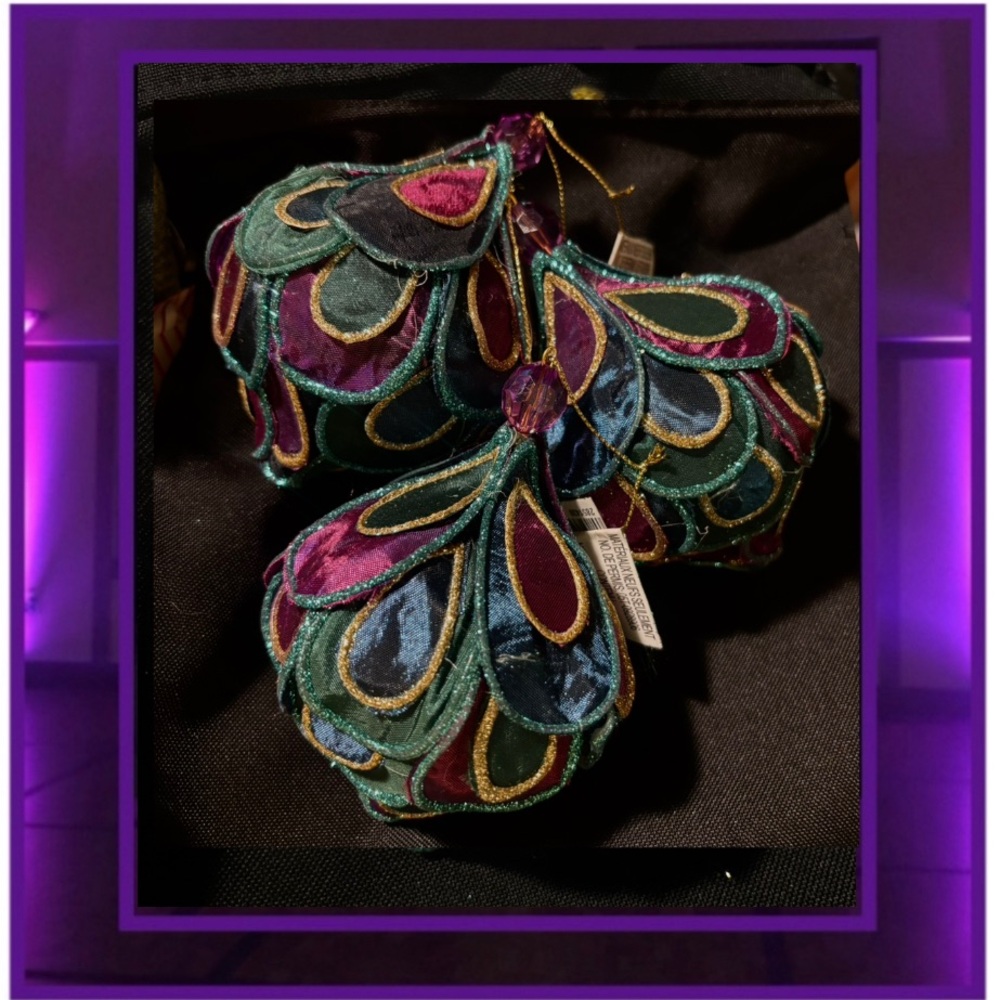 Pier1 (3) Large Purple Green Blue Satin Christmas Ornaments Nice New! Bling!